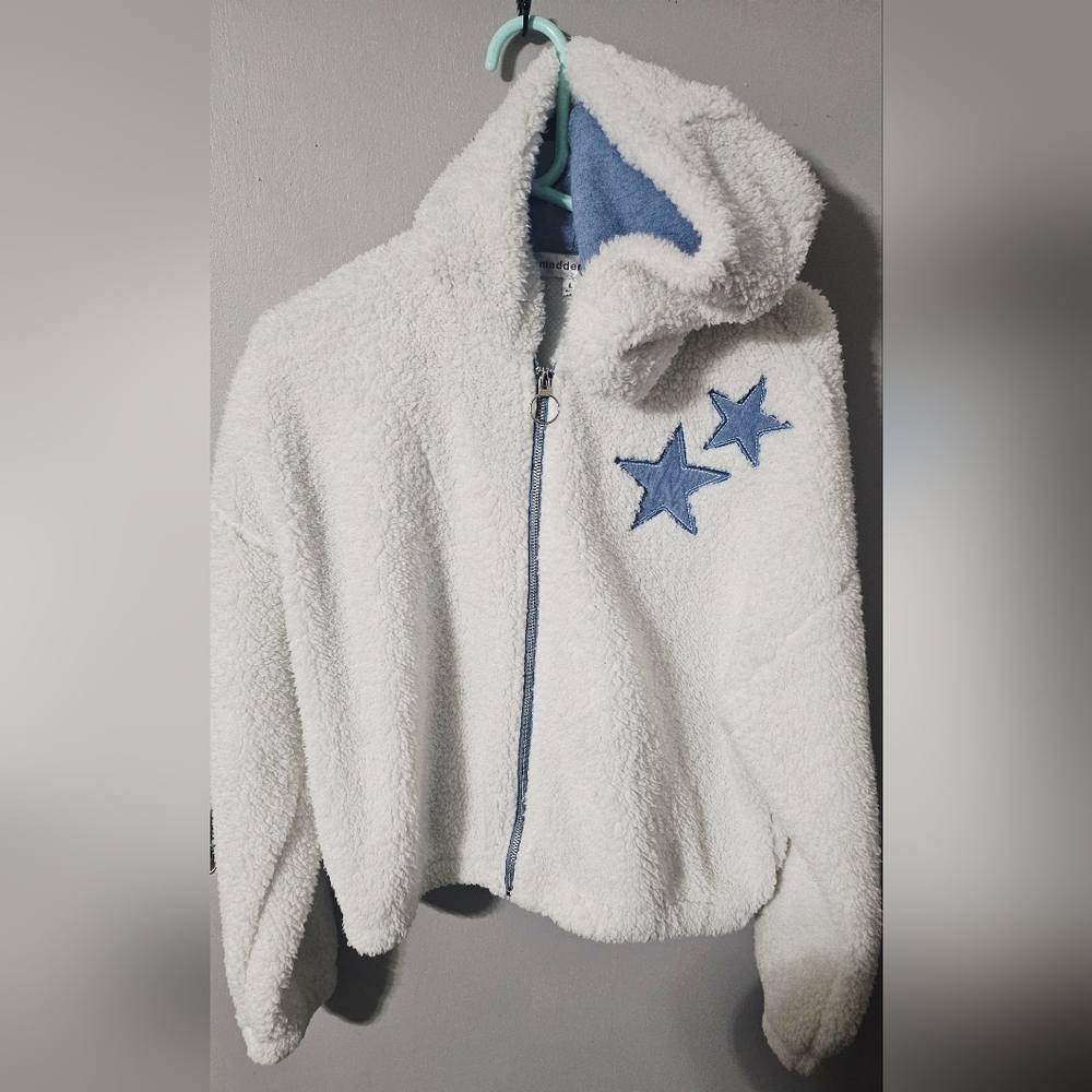Juniors Madden Girl denim patch zip up sherpa jacket white/cream size Large